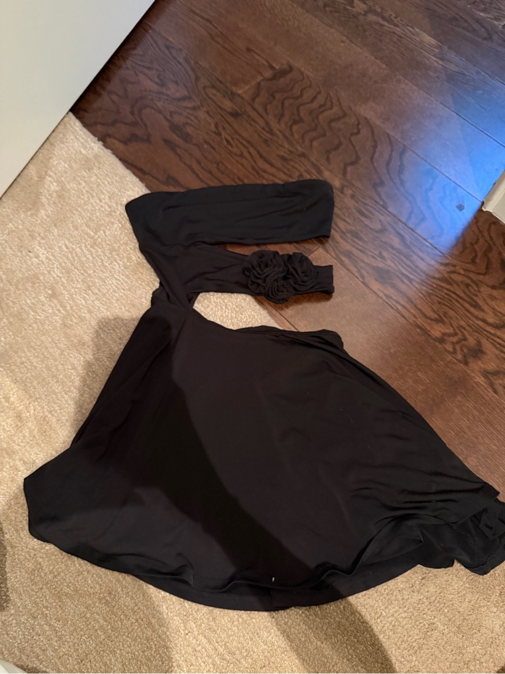 Meshki Black One-Shoulder Dress with Rosette Detail